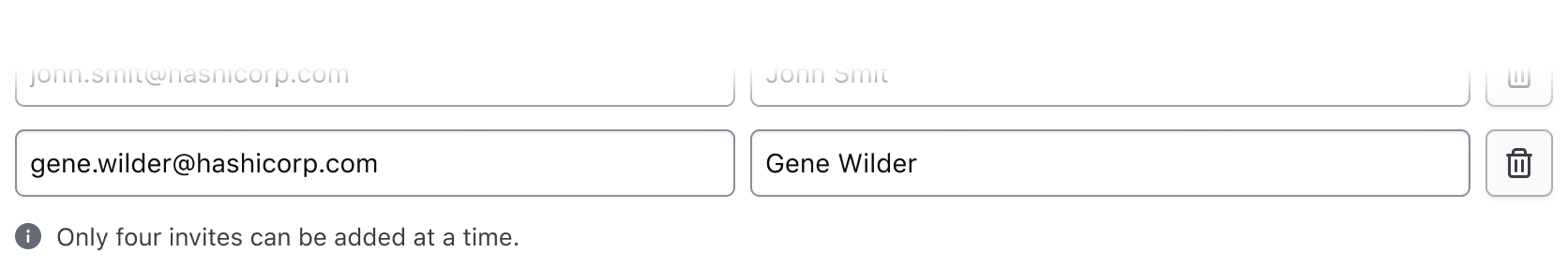 After the last input row, there is a neutral alert that says "Limit of four invites has been reached."